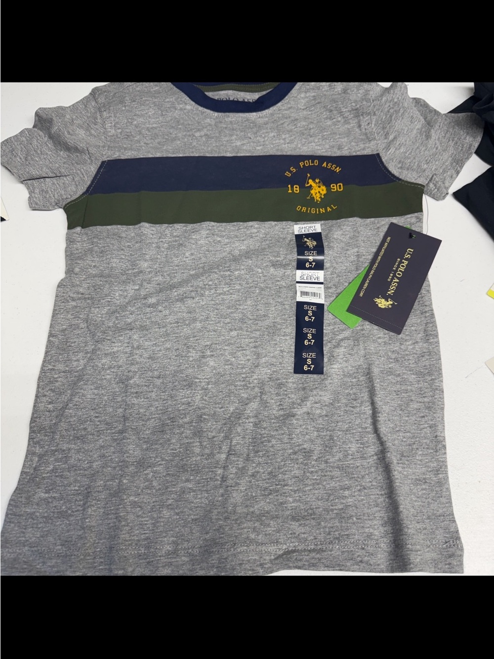 U.S. Polo Assn. Gray Short Sleeve Tee with Navy & Olive Stripes
